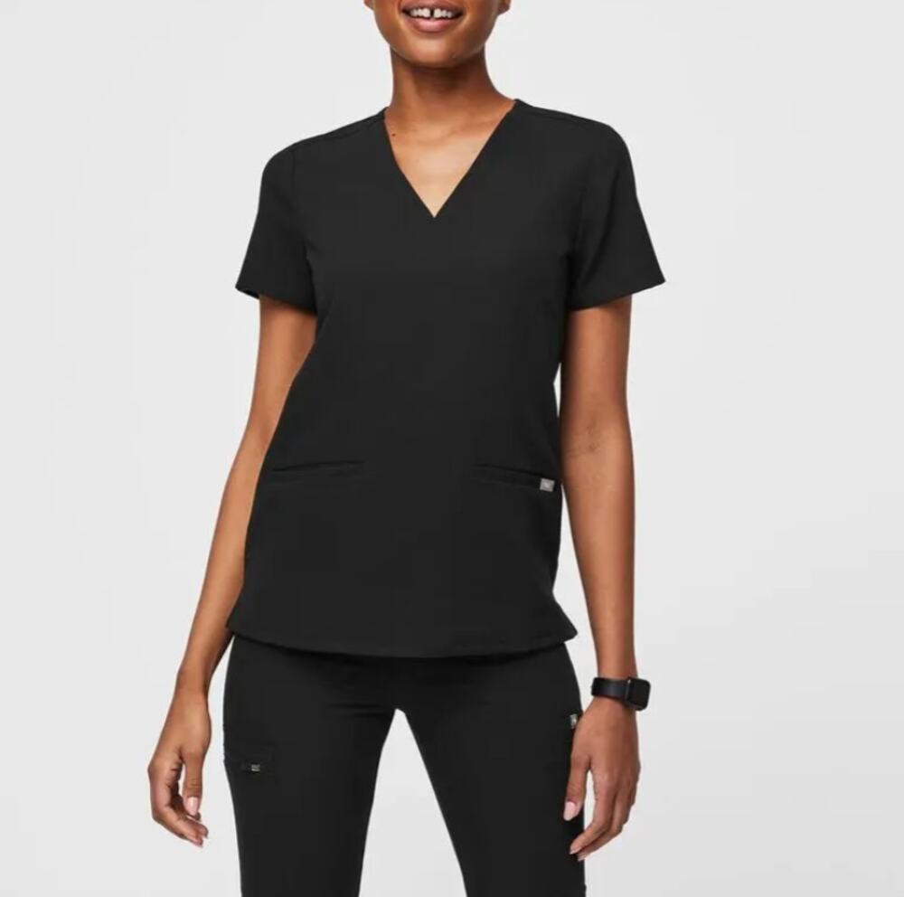 FIGS Casma Three-Pocket Scrub Top Short Sleeve V-Neck Stretch Black Womens XS